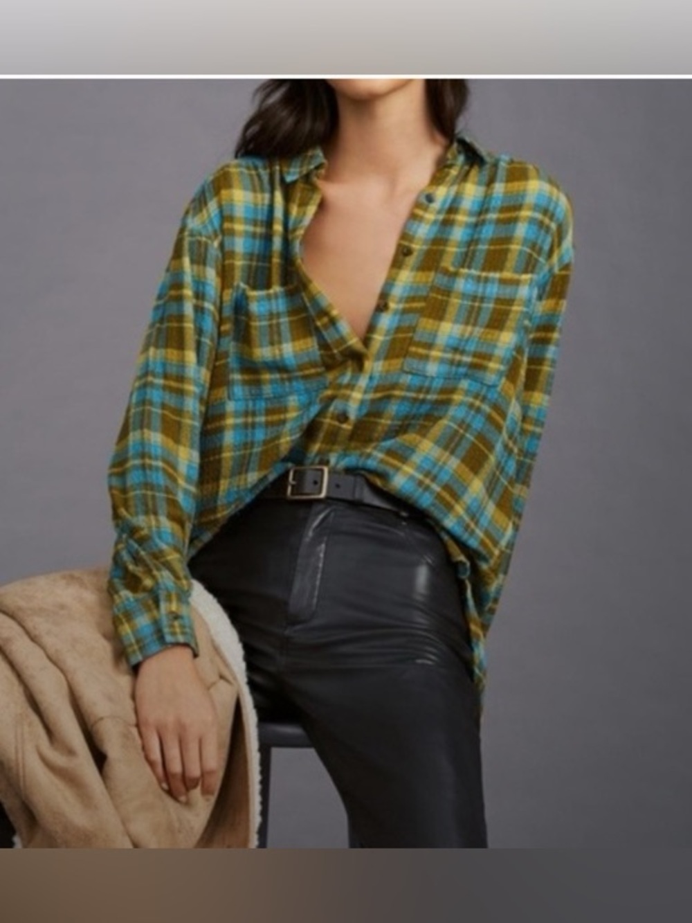 Anthropologie Pilcro Plaid Button Down Shirt M Mustard Teal Boho Lightweight